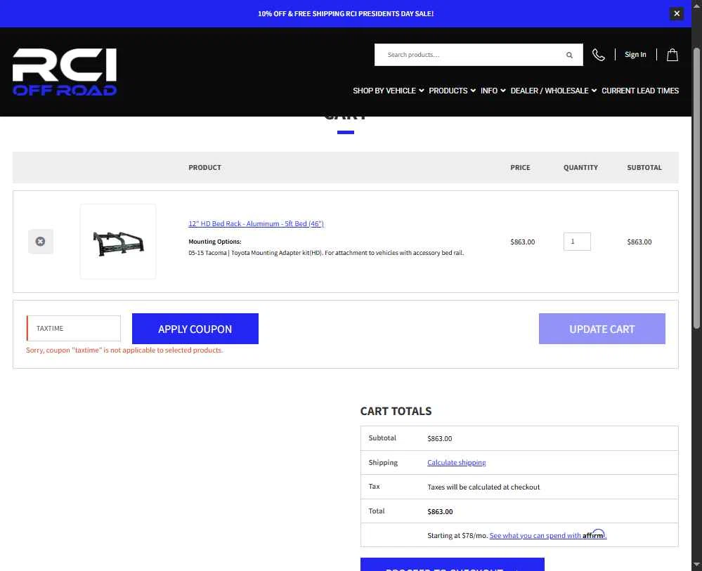 RCI Off Road checkout page showing RCI Off Road coupon code box | Screenshot taken by SimplyCodes community member on Feb 10, 2026