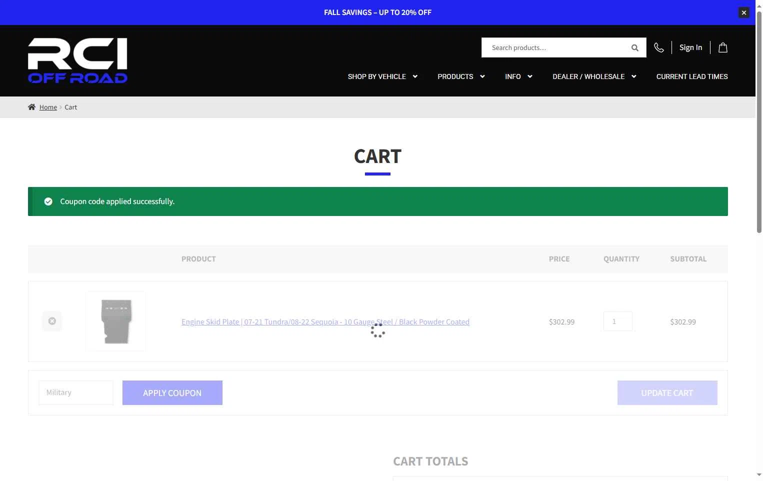 RCI Off Road checkout page showing RCI Off Road coupon code box | Screenshot taken by SimplyCodes community member on Oct 3, 2025