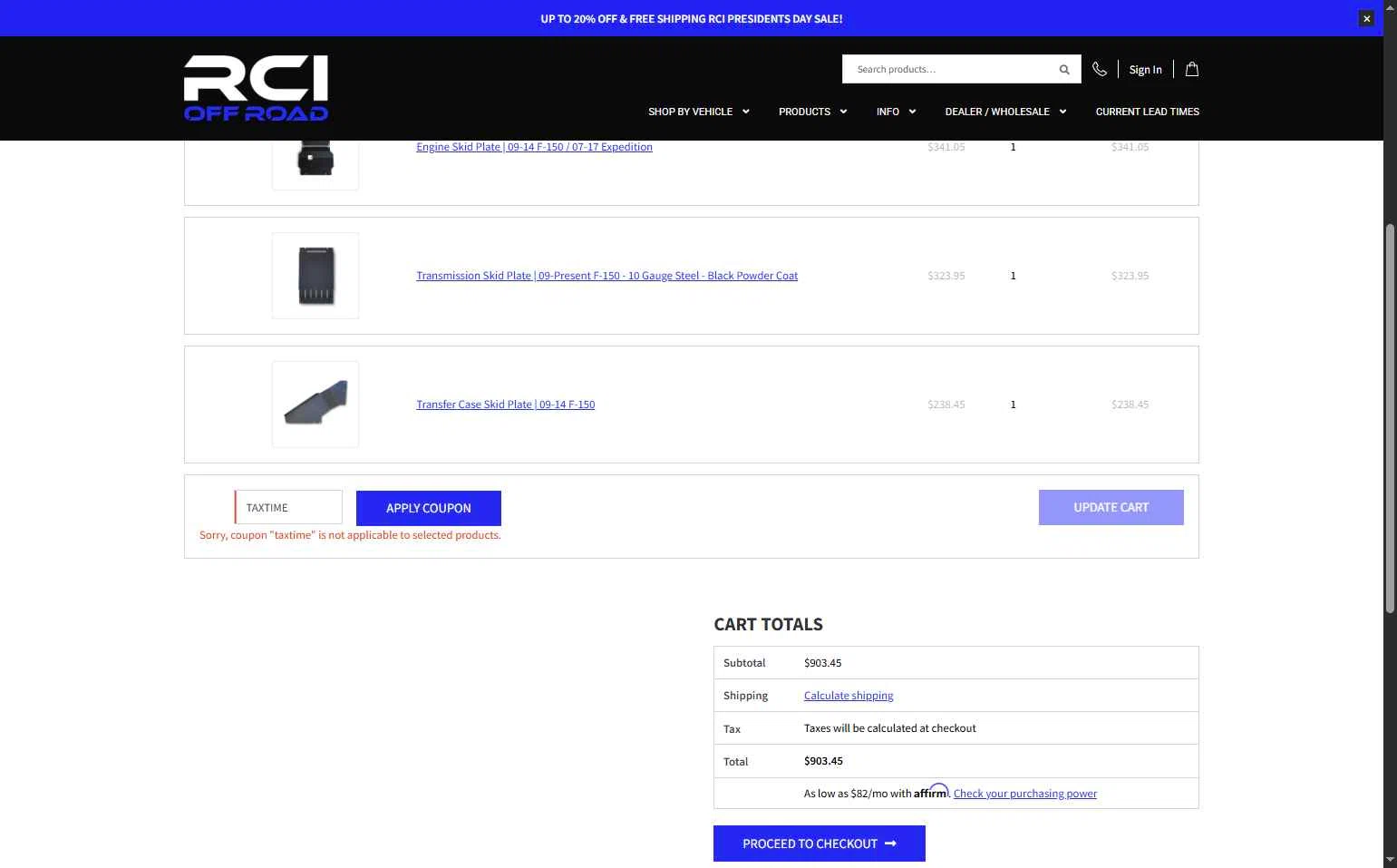 RCI Off Road checkout page showing RCI Off Road coupon code box | Screenshot taken by SimplyCodes community member on Feb 15, 2026