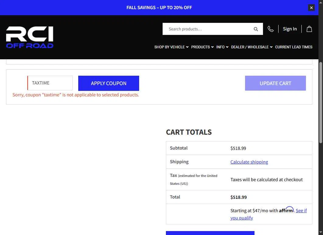 RCI Off Road checkout page showing RCI Off Road coupon code box | Screenshot taken by SimplyCodes community member on Oct 6, 2025