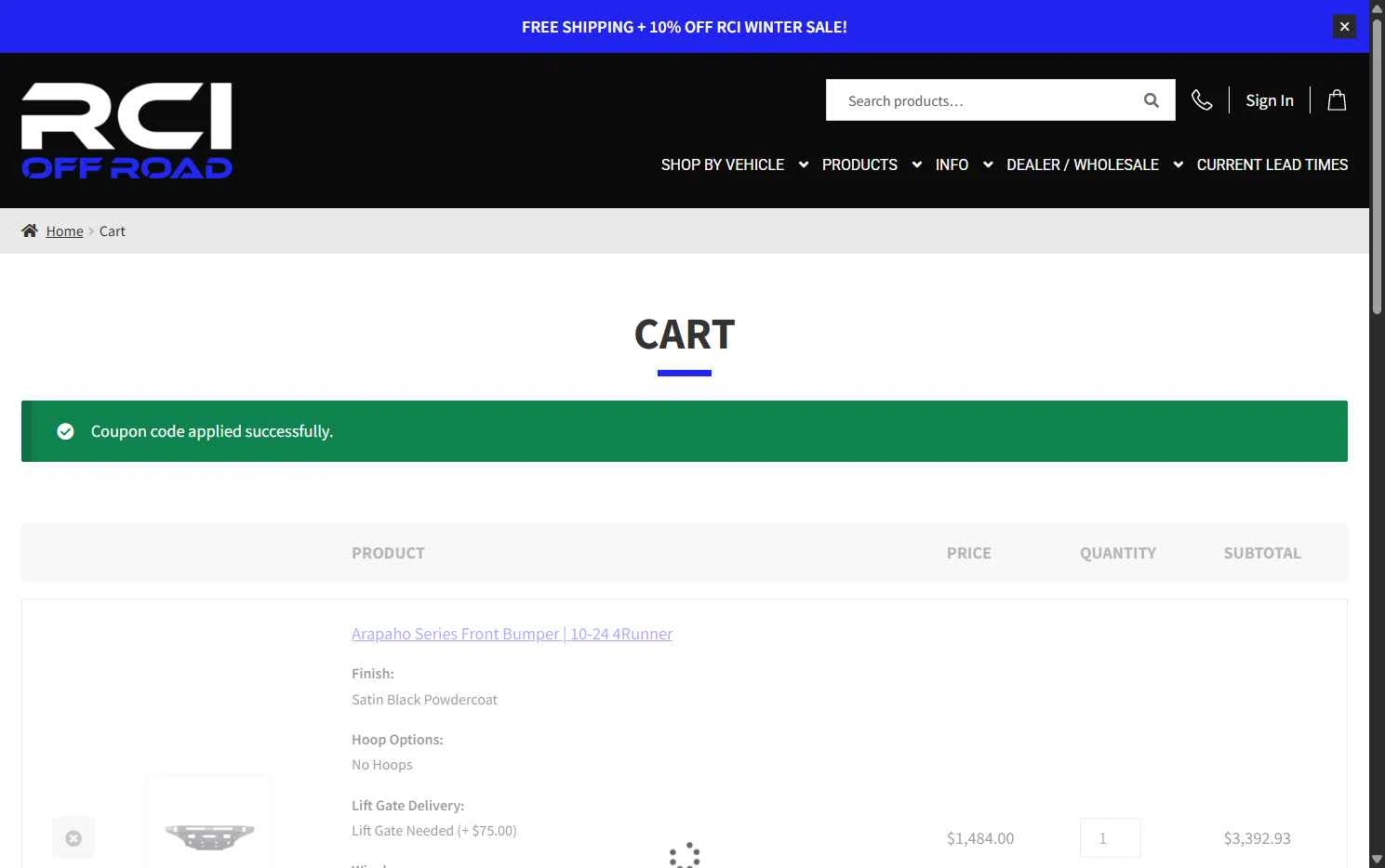RCI Off Road checkout page showing RCI Off Road coupon code box | Screenshot taken by SimplyCodes community member on Feb 4, 2026