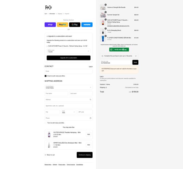 R+Co checkout page showing R+Co promo code box | Screenshot taken by SimplyCodes community member on Sep 5, 2025