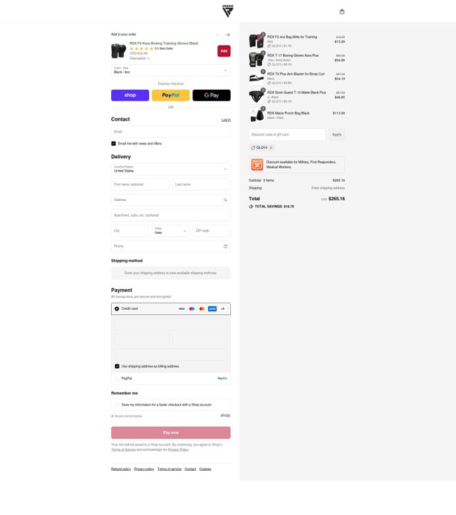 RDX Sports checkout page showing RDX Sports discount code box | Screenshot taken by SimplyCodes community member on Sep 8, 2025