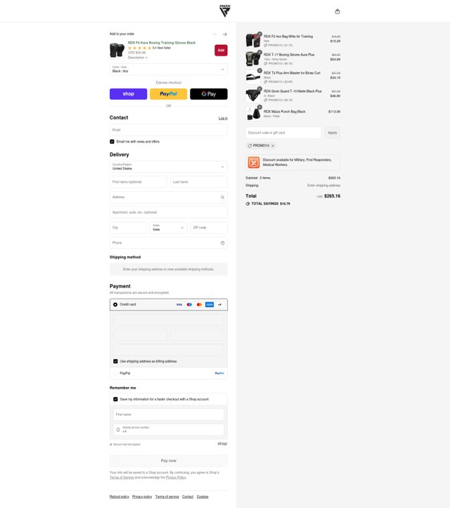 RDX Sports checkout page showing RDX Sports discount code box | Screenshot taken by SimplyCodes community member on Sep 8, 2025