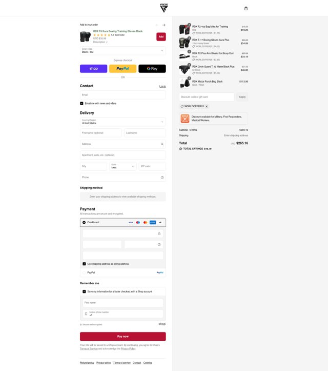 RDX Sports checkout page showing RDX Sports discount code box | Screenshot taken by SimplyCodes community member on Sep 8, 2025