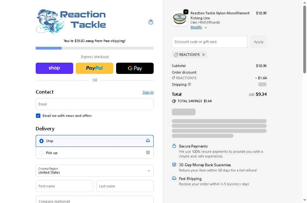 Reaction Tackle checkout page showing Reaction Tackle discount code box | Screenshot taken by SimplyCodes community member on Feb 19, 2026