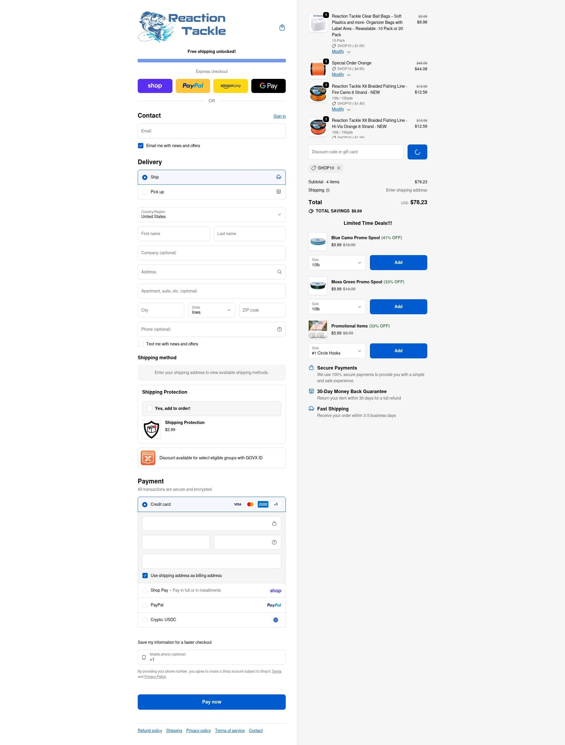 Reaction Tackle checkout page showing Reaction Tackle discount code box | Screenshot taken by SimplyCodes community member on Feb 19, 2026