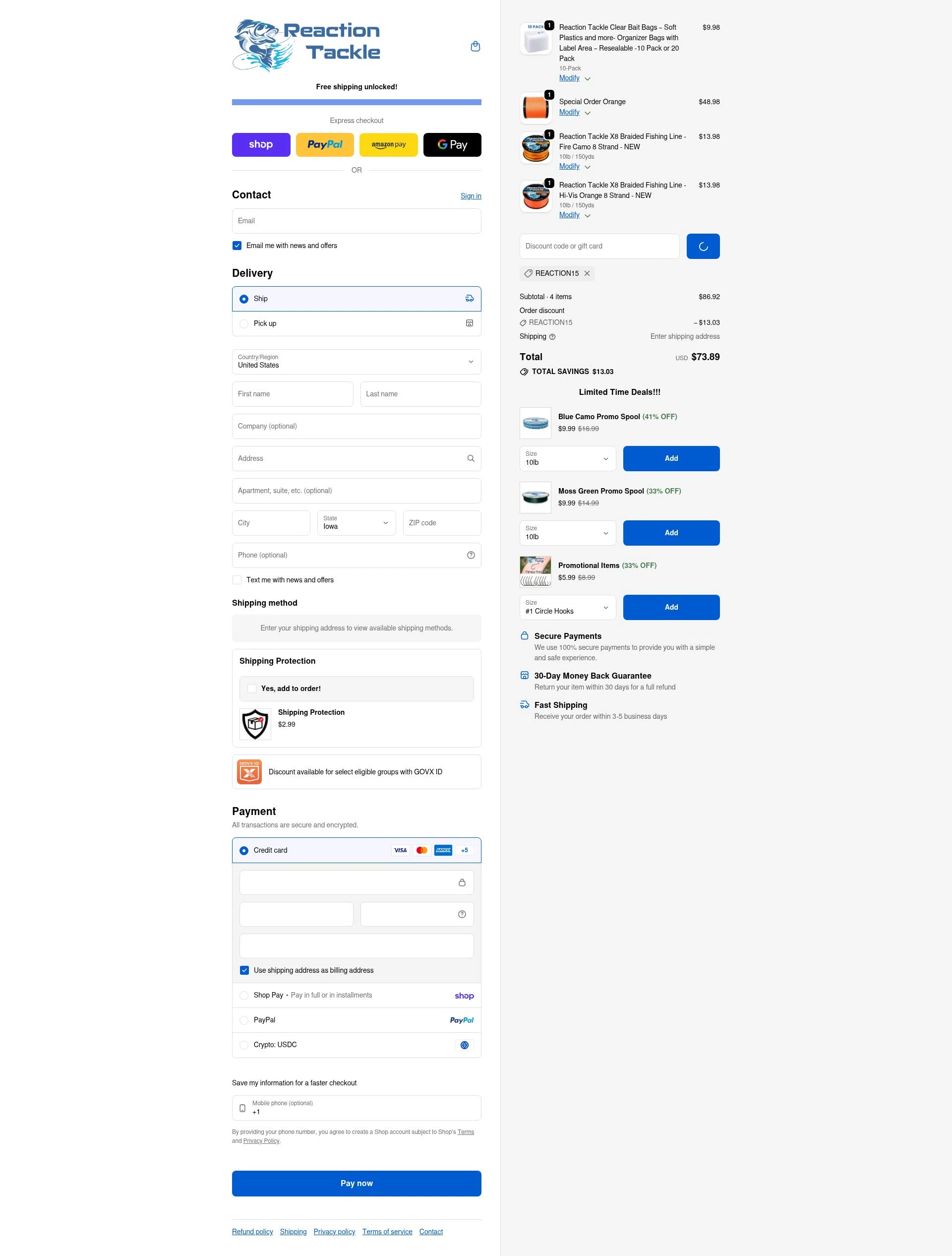 Reaction Tackle checkout page showing Reaction Tackle discount code box | Screenshot taken by SimplyCodes community member on Feb 19, 2026