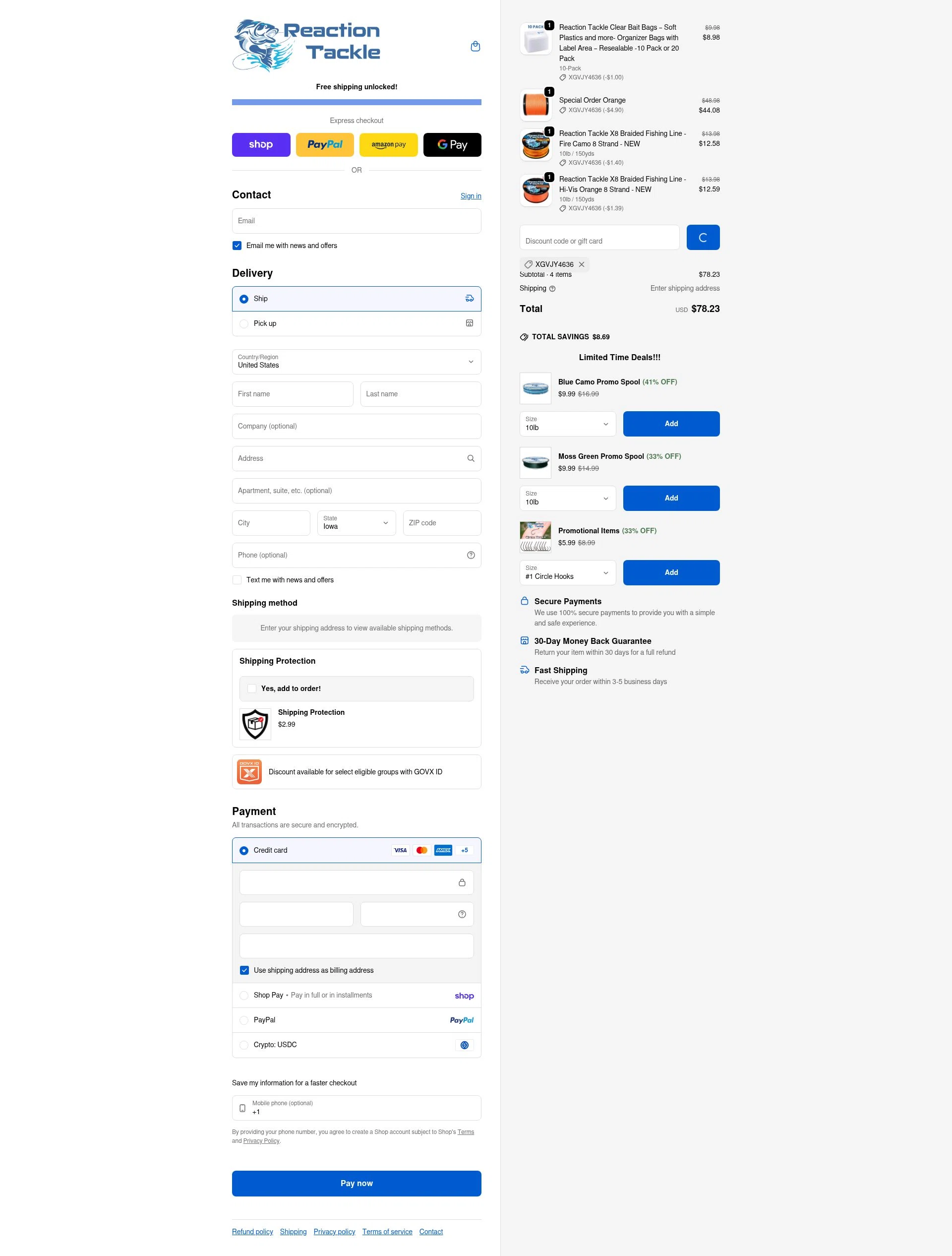 Reaction Tackle checkout page showing Reaction Tackle discount code box | Screenshot taken by SimplyCodes community member on Feb 19, 2026