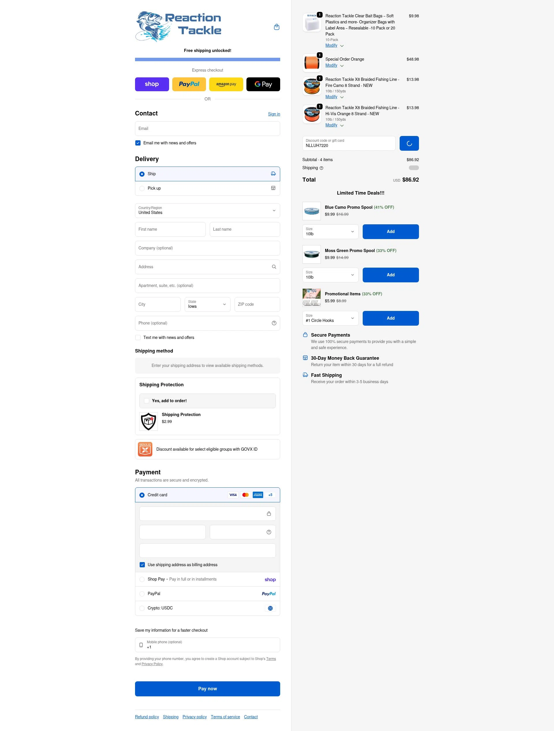 Reaction Tackle checkout page showing Reaction Tackle discount code box | Screenshot taken by SimplyCodes community member on Feb 19, 2026