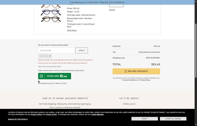Readers.com checkout page showing Readers.com coupon code box | Screenshot taken by SimplyCodes community member on Sep 5, 2025