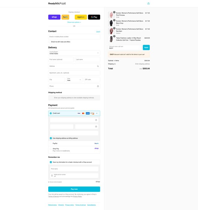 ReadyGOLF checkout page showing ReadyGOLF coupon code box | Screenshot taken by SimplyCodes community member on Aug 28, 2025