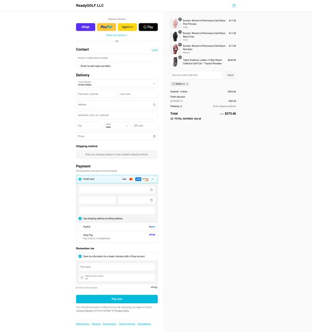 ReadyGOLF checkout page showing ReadyGOLF coupon code box | Screenshot taken by SimplyCodes community member on Sep 6, 2025