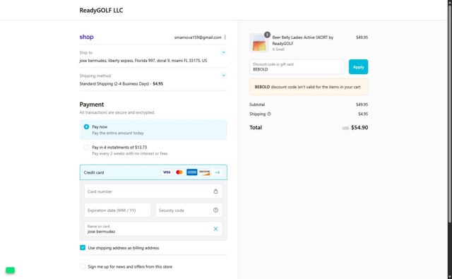 ReadyGOLF checkout page showing ReadyGOLF coupon code box | Screenshot taken by SimplyCodes community member on Aug 29, 2025