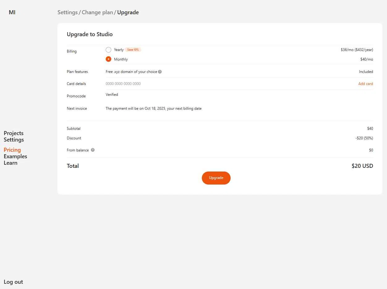 Readymag checkout page showing Readymag promo code box | Screenshot taken by SimplyCodes community member on Sep 18, 2025