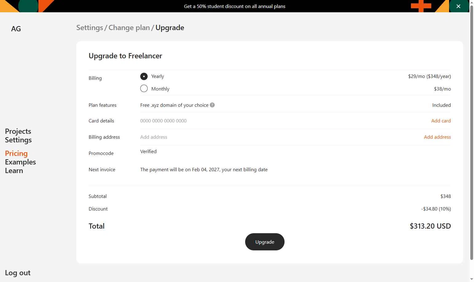 Readymag checkout page showing Readymag promo code box | Screenshot taken by SimplyCodes community member on Feb 4, 2026