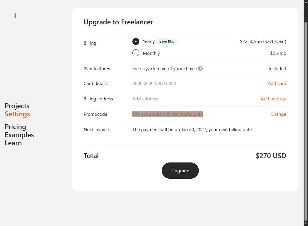 Readymag checkout page showing Readymag promo code box | Screenshot taken by SimplyCodes community member on Jan 21, 2026
