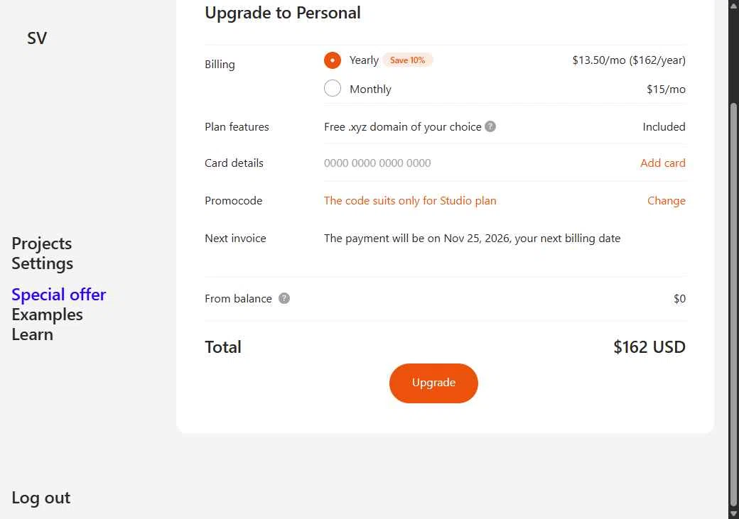 Readymag checkout page showing Readymag promo code box | Screenshot taken by SimplyCodes community member on Nov 25, 2025