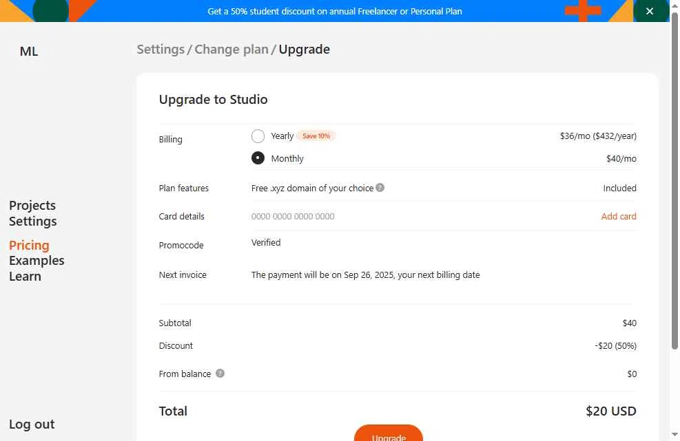 Readymag checkout page showing Readymag promo code box | Screenshot taken by SimplyCodes community member on Aug 26, 2025