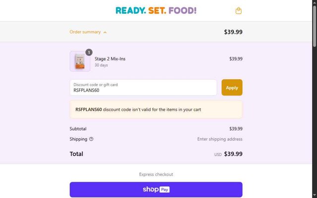 Ready, Set, Food checkout page showing Ready, Set, Food discount code box | Screenshot taken by SimplyCodes community member on Jul 25, 2025