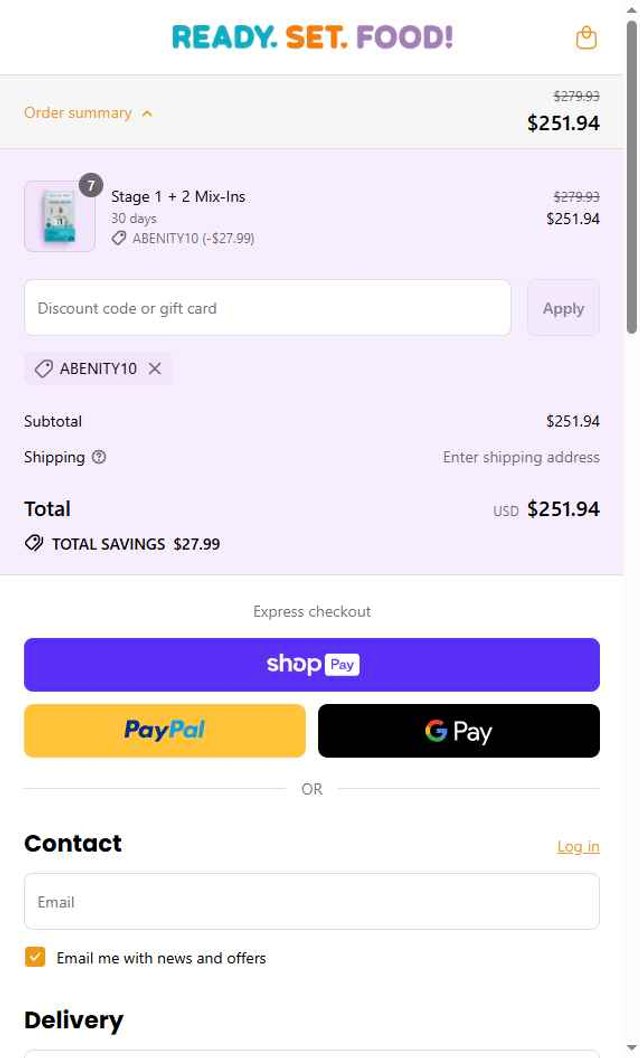 Ready, Set, Food checkout page showing Ready, Set, Food discount code box | Screenshot taken by SimplyCodes community member on Jul 25, 2025