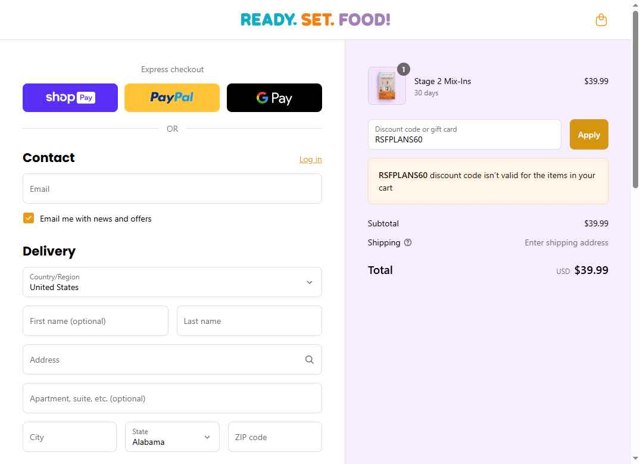 Ready, Set, Food checkout page showing Ready, Set, Food discount code box | Screenshot taken by SimplyCodes community member on Jul 25, 2025