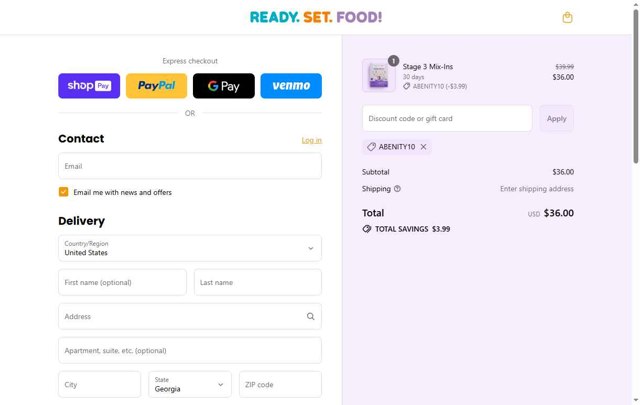 Ready, Set, Food checkout page showing Ready, Set, Food discount code box | Screenshot taken by SimplyCodes community member on Jul 25, 2025