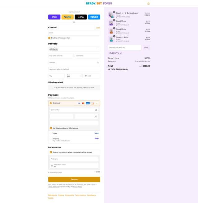 Ready, Set, Food checkout page showing Ready, Set, Food discount code box | Screenshot taken by SimplyCodes community member on Sep 3, 2025