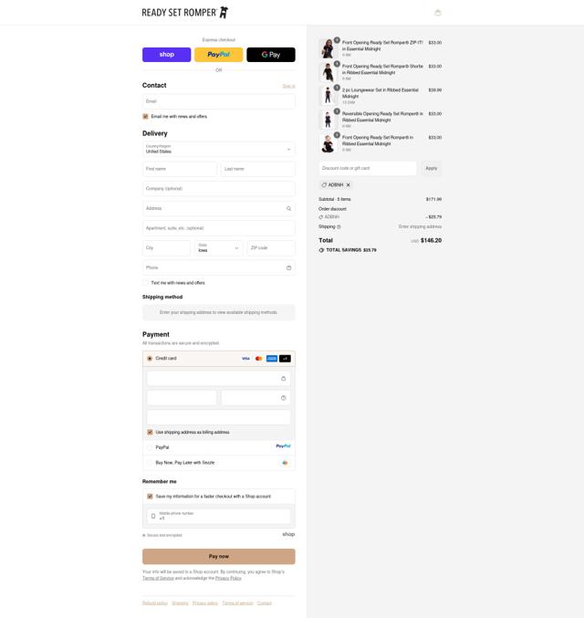 Ready Set Romper checkout page showing Ready Set Romper discount code box | Screenshot taken by SimplyCodes community member on Sep 10, 2025