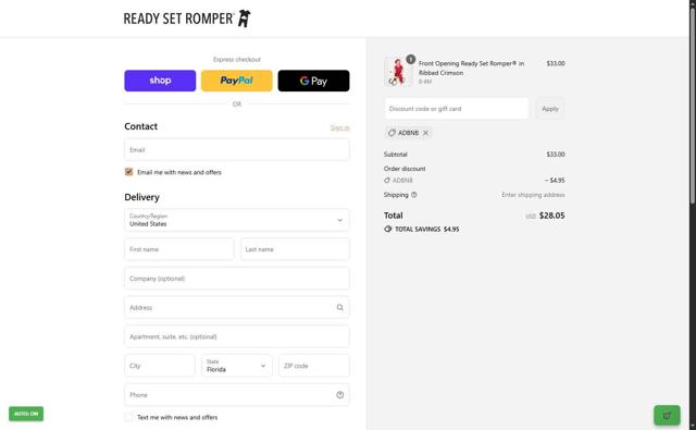 Ready Set Romper checkout page showing Ready Set Romper discount code box | Screenshot taken by SimplyCodes community member on Sep 14, 2025