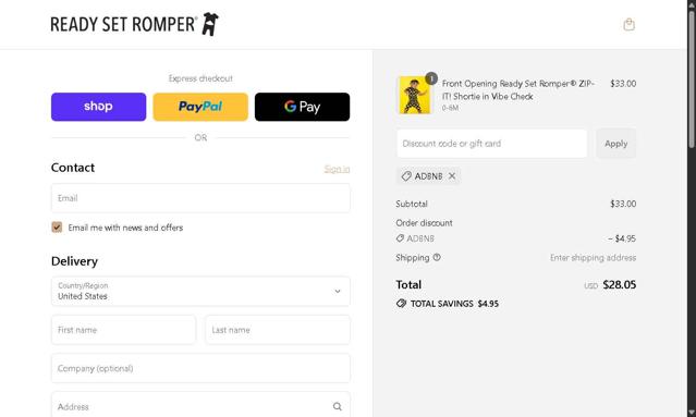 Ready Set Romper checkout page showing Ready Set Romper discount code box | Screenshot taken by SimplyCodes community member on Sep 13, 2025
