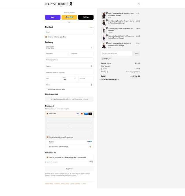Ready Set Romper checkout page showing Ready Set Romper discount code box | Screenshot taken by SimplyCodes community member on Sep 10, 2025