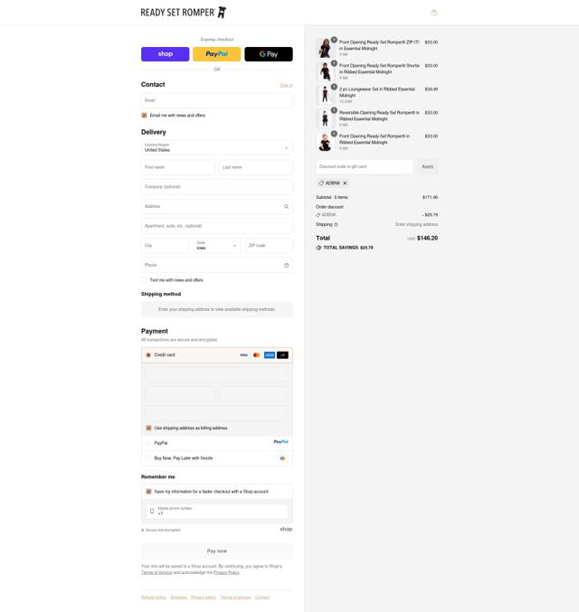Ready Set Romper checkout page showing Ready Set Romper discount code box | Screenshot taken by SimplyCodes community member on Sep 10, 2025