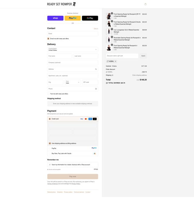 Ready Set Romper checkout page showing Ready Set Romper discount code box | Screenshot taken by SimplyCodes community member on Sep 10, 2025