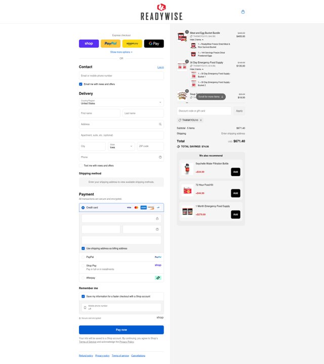 ReadyWise checkout page showing ReadyWise discount code box | Screenshot taken by SimplyCodes community member on Sep 4, 2025