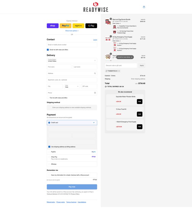 ReadyWise checkout page showing ReadyWise discount code box | Screenshot taken by SimplyCodes community member on Aug 31, 2025