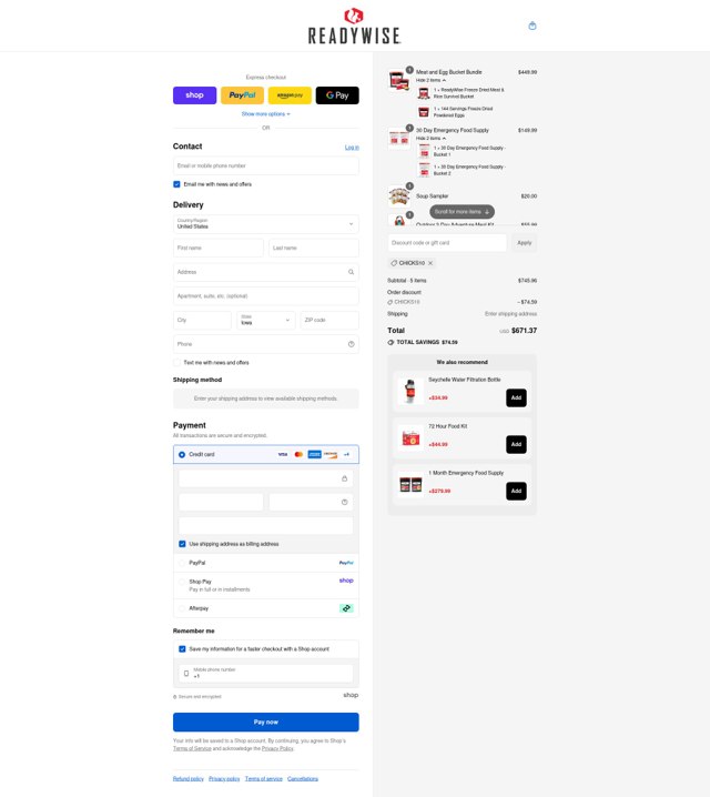 ReadyWise checkout page showing ReadyWise discount code box | Screenshot taken by SimplyCodes community member on Sep 4, 2025