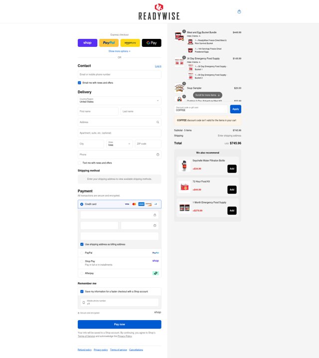 ReadyWise checkout page showing ReadyWise discount code box | Screenshot taken by SimplyCodes community member on Sep 4, 2025