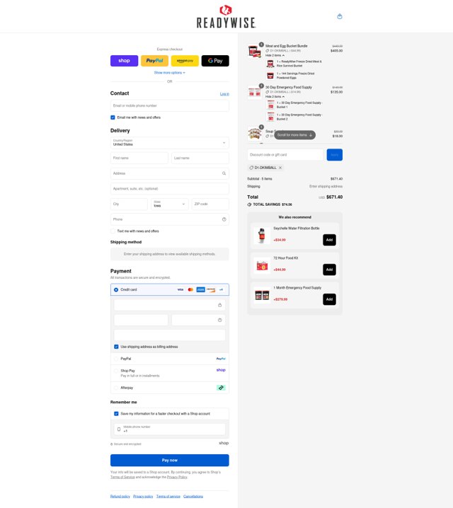 ReadyWise checkout page showing ReadyWise discount code box | Screenshot taken by SimplyCodes community member on Sep 4, 2025