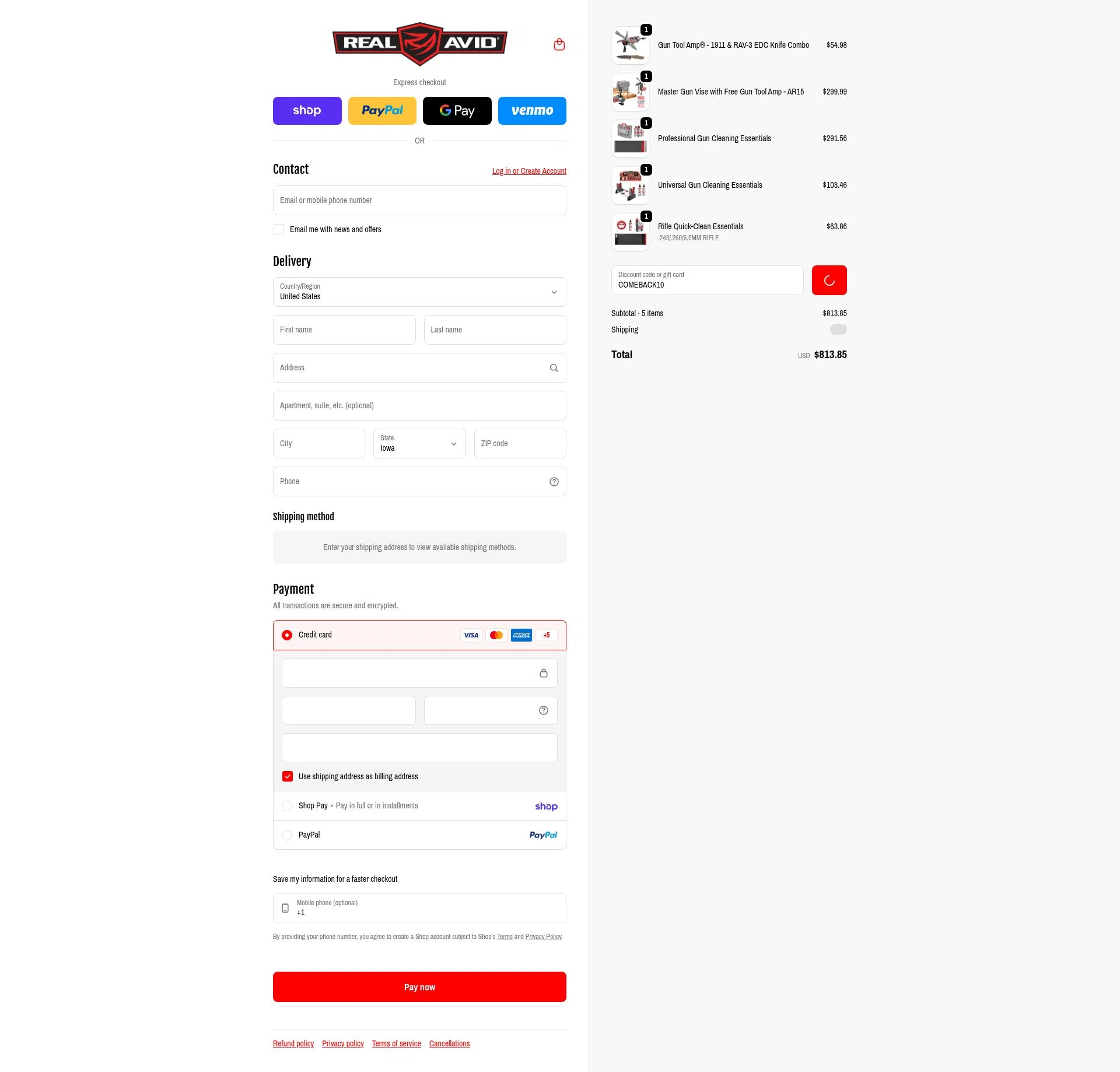 Real Avid checkout page showing Real Avid discount code box | Screenshot taken by SimplyCodes community member on Feb 20, 2026