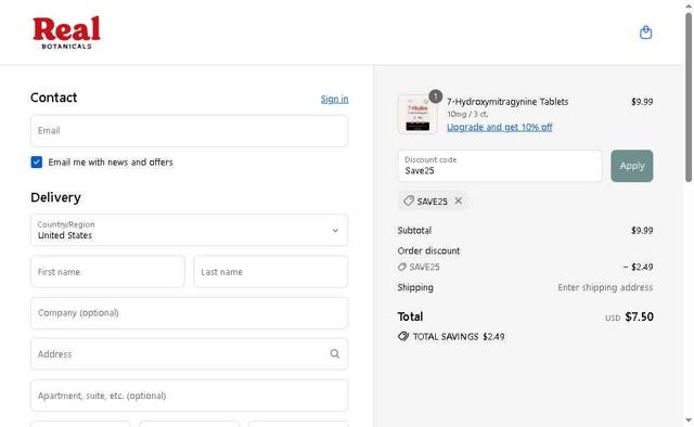Real Botanicals checkout page showing Real Botanicals promo code box | Screenshot taken by SimplyCodes community member on Sep 10, 2025