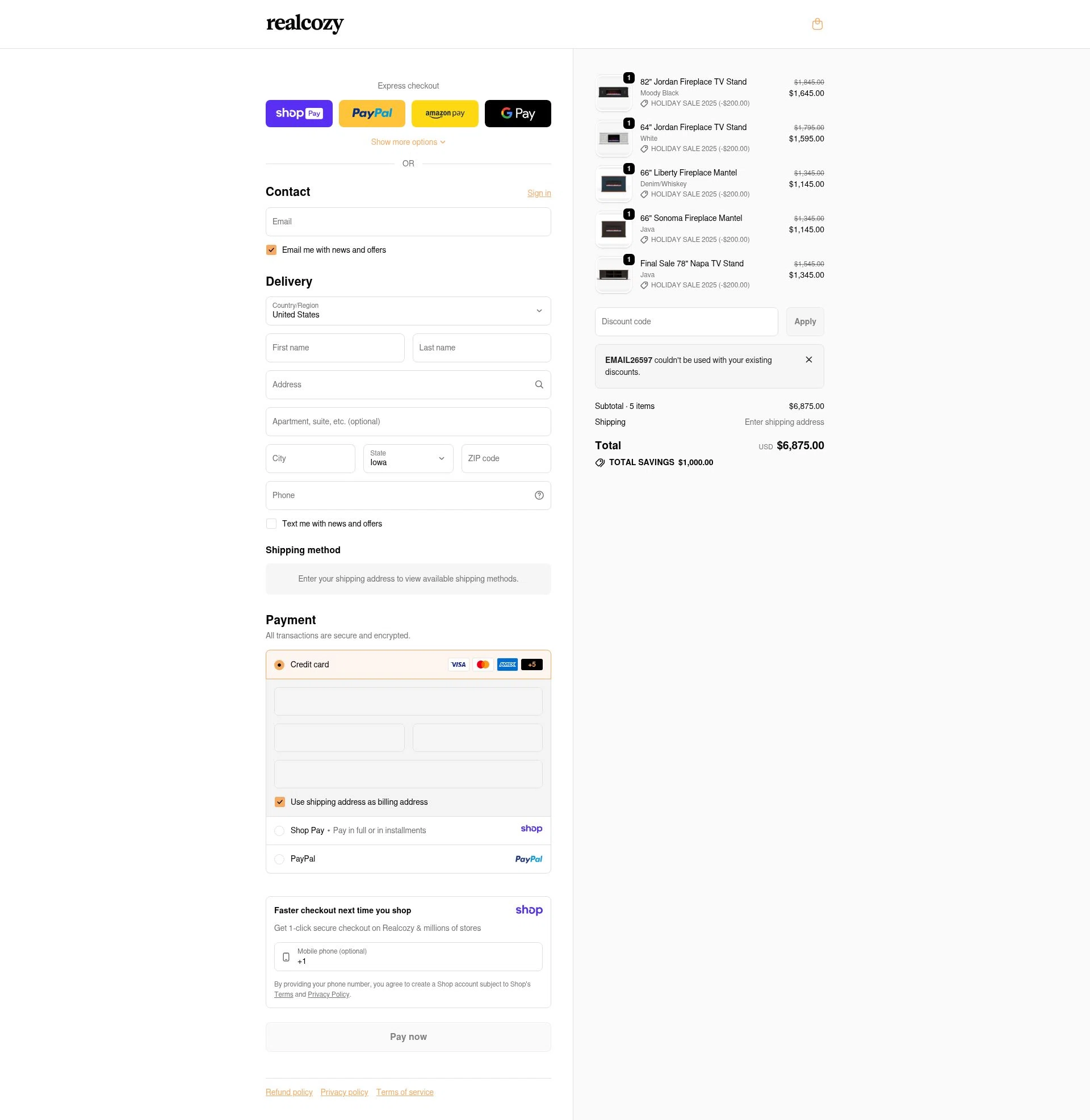 RealCozy checkout page showing RealCozy discount code box | Screenshot taken by SimplyCodes community member on Jan 11, 2026