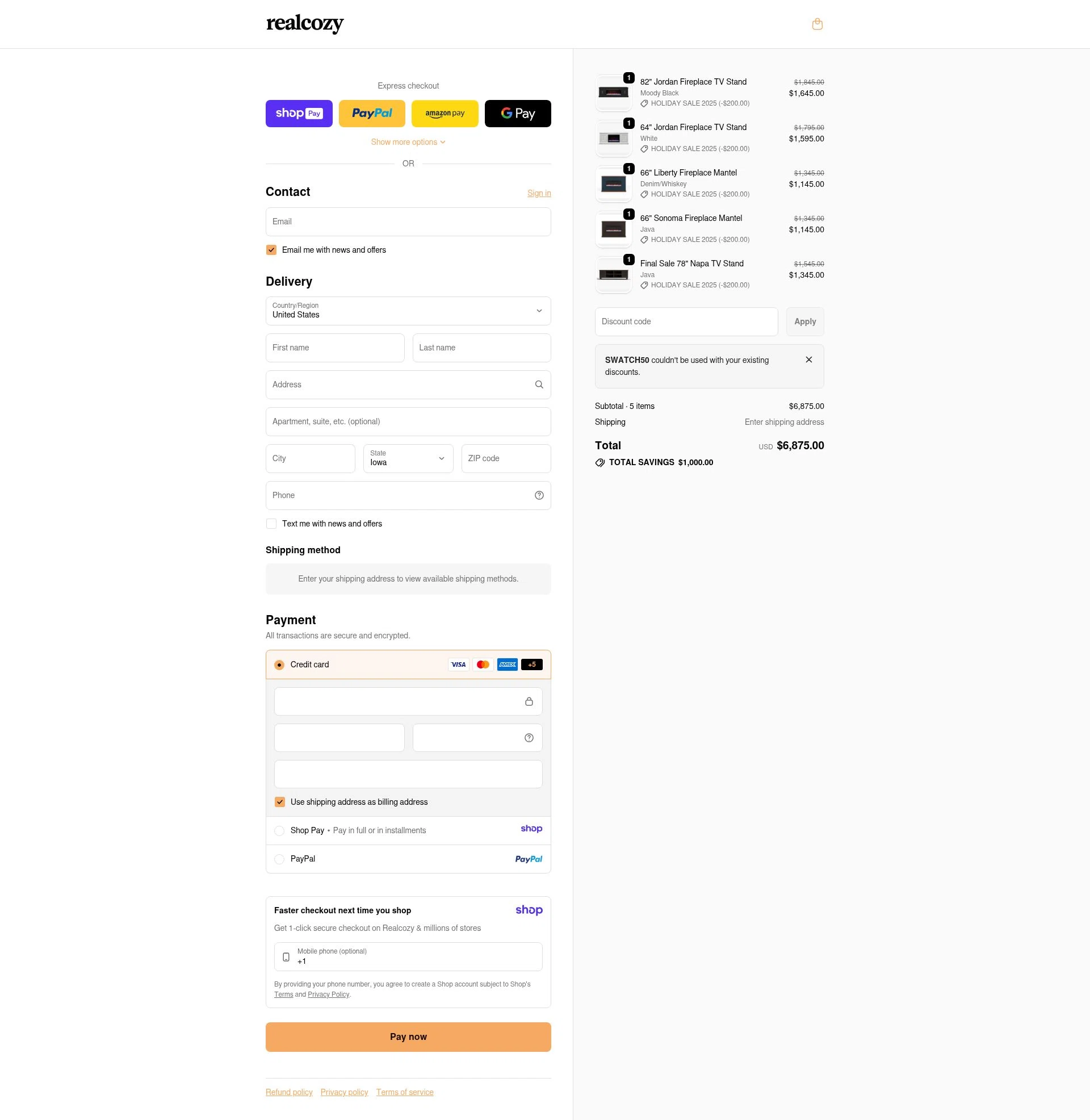 RealCozy checkout page showing RealCozy discount code box | Screenshot taken by SimplyCodes community member on Jan 11, 2026