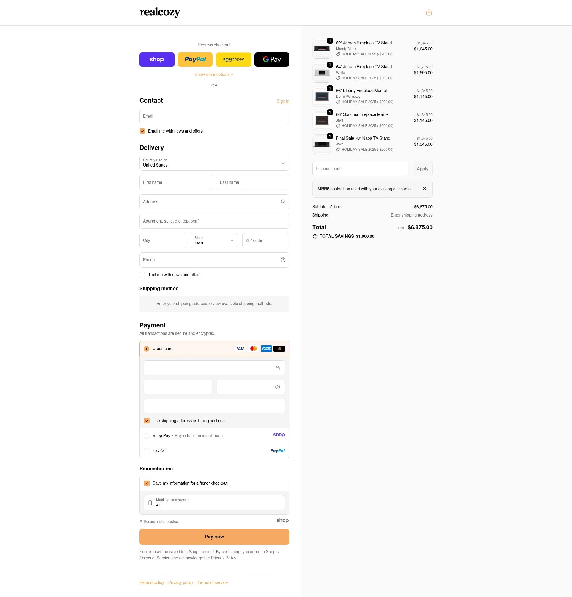 RealCozy checkout page showing RealCozy discount code box | Screenshot taken by SimplyCodes community member on Jan 5, 2026