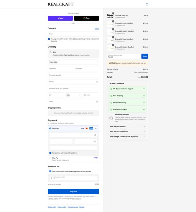 RealCraft checkout page showing RealCraft coupon code box | Screenshot taken by SimplyCodes community member on Sep 17, 2025