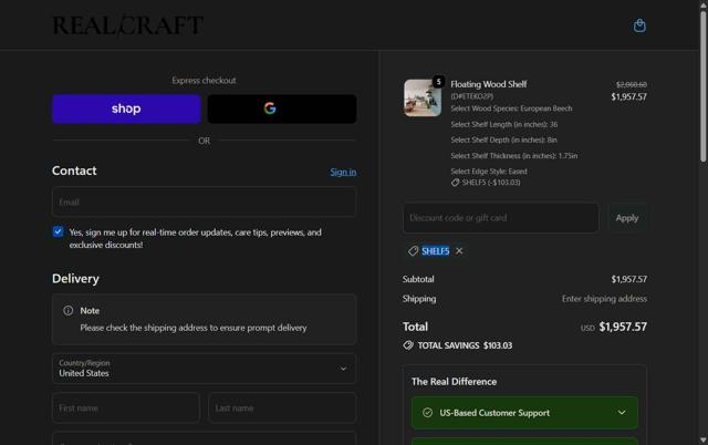 RealCraft checkout page showing RealCraft coupon code box | Screenshot taken by SimplyCodes community member on Sep 21, 2025