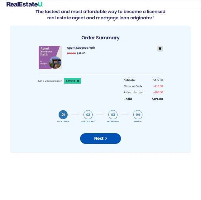 Realestateu checkout page showing Realestateu discount code box | Screenshot taken by SimplyCodes community member on Jul 4, 2025