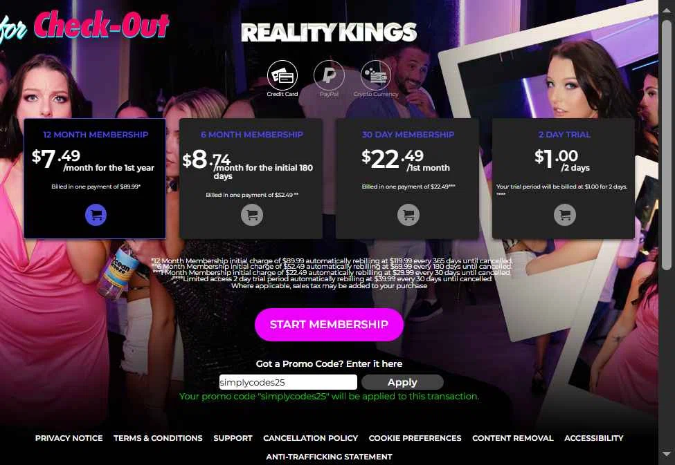 Reality Kings checkout page showing Reality Kings promo code box | Screenshot taken by SimplyCodes community member on Jan 12, 2026