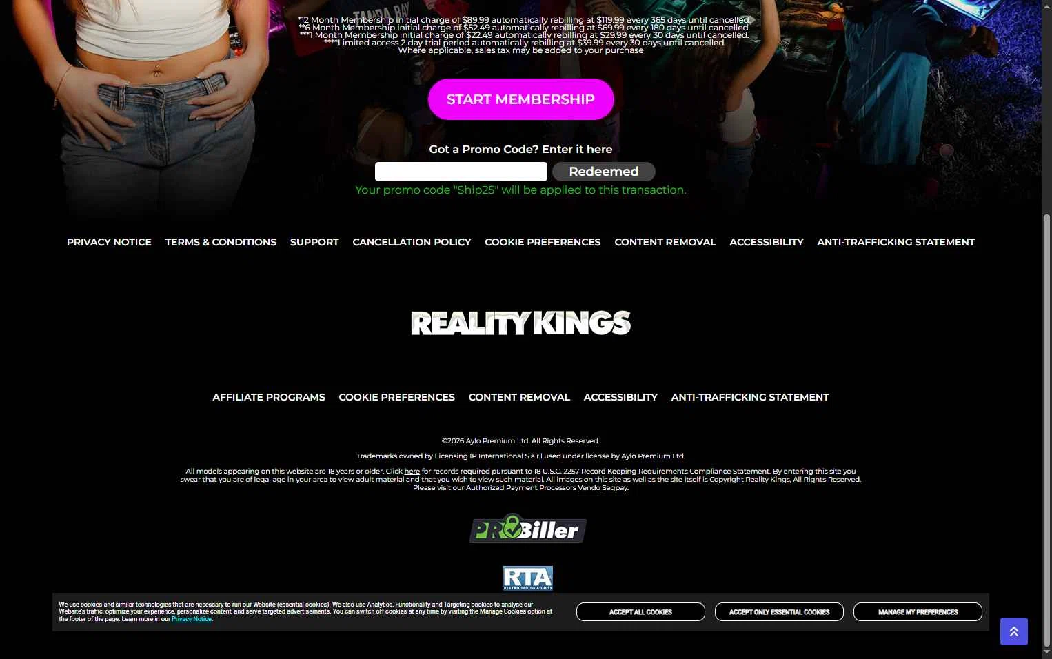 Reality Kings checkout page showing Reality Kings promo code box | Screenshot taken by SimplyCodes community member on Jan 27, 2026
