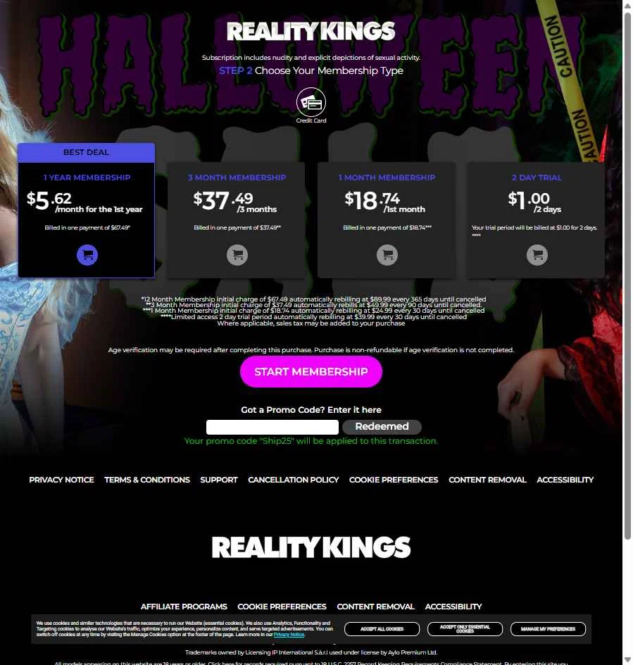 Reality Kings checkout page showing Reality Kings promo code box | Screenshot taken by SimplyCodes community member on Oct 31, 2025